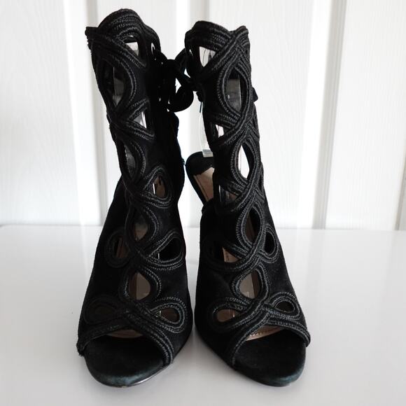 Prada Black Suede Cutout Tie-Back Ankle Peep Toe Stiletto Sandals - Picture 5 of 16